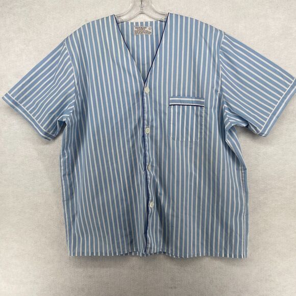 WESTCHESTER CLASSIC Pajama Top Mens L Striped Cotton Blend Button Up V-Neck Blue - Picture 1 of 11